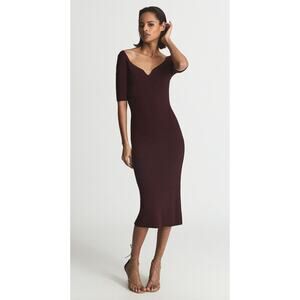 NWT Women's Reiss Olivia Sweetheart Neck Midi Dress In Burgundy size L